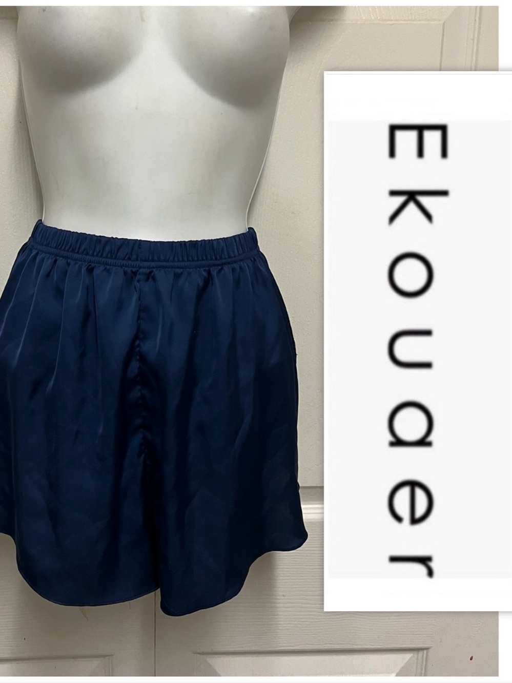 Ekouaer Navy Blue Satin Sleep Shorts